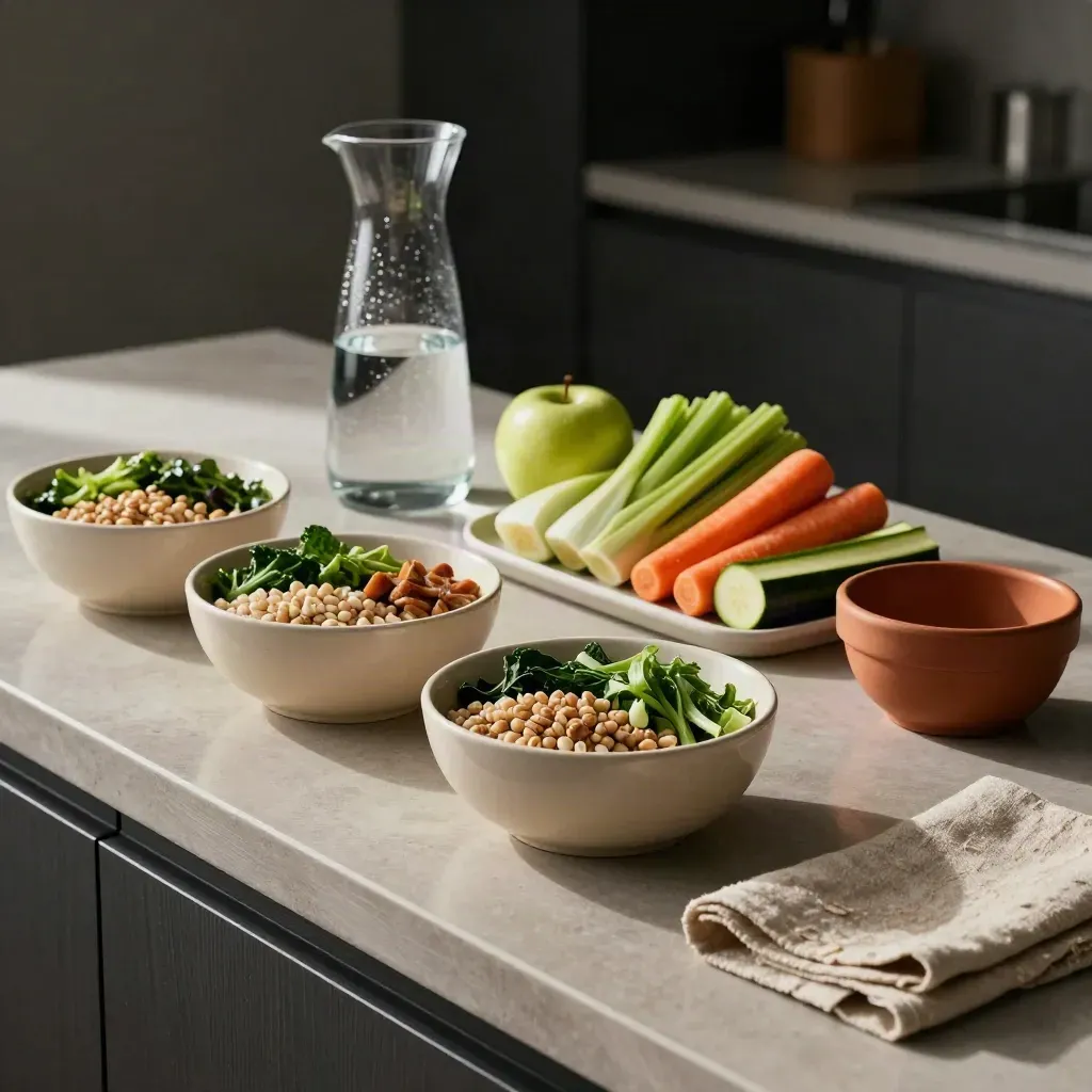 Ciotole porzionate, caraffa d’acqua, mele e verdure preparate su un piano cucina