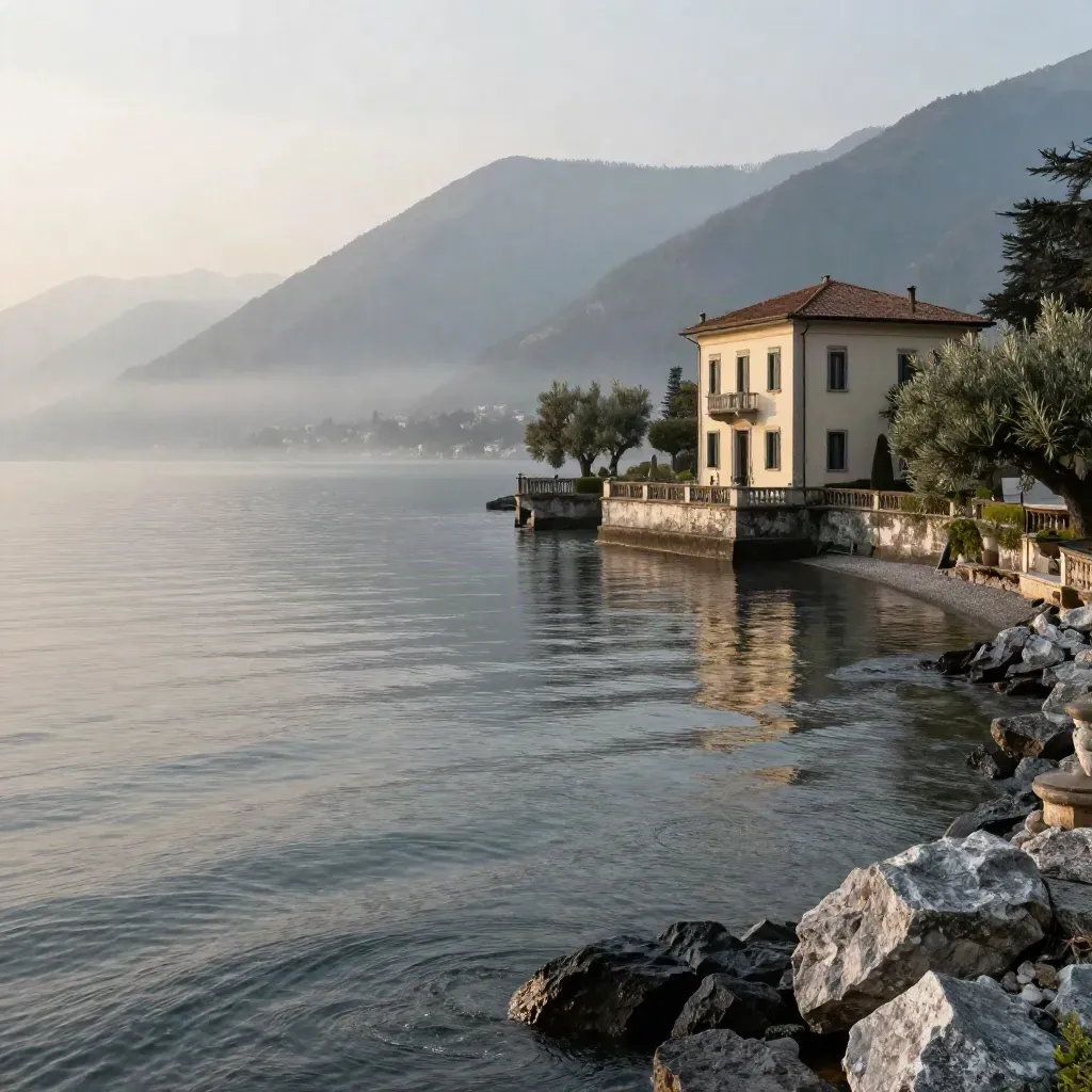 Lago di Como dopo la pioggia, villa e montagne alte nella foschia sopra acqua calma.