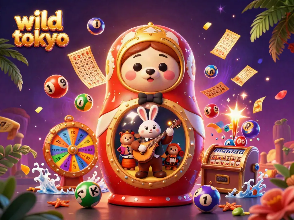 Join the excitement at wild tokyo with vibrant illustrations of casino-themed characters and games.
